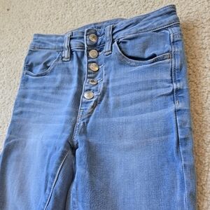 🌈AMERICAN EAGLE 2 SHORT LENGTH Super Hi-Rise Jegging Button Fly Light Denim